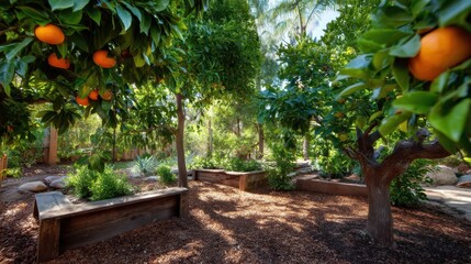 Lush Orange Orchard in Bright Sunshine with Vibrant Green Foliage and Abundant Fruit in a Peaceful Natural Garden Setting