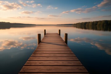 Obraz premium Wooden pier extending over calm reflective lake