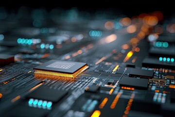 Close-up of a circuit board and a central processing unit with glowing highlights