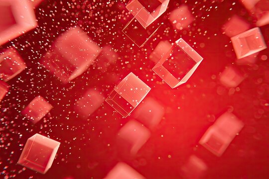 Abstract red background with semi-transparent cubes and tiny glittering particles suspended