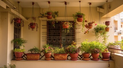 Fototapeta premium Lush Greenery on Urban Balcony with Hanging Plants and Flower Pots, Creating a Serene Oasis in a Modern City Setting
