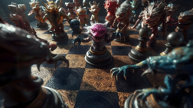 A surreal chessboard with intricate patterns, where each square is occupied by a unique, living creature. The creatures are rendered in a hyperrealistic style, with a rich, vibrant color palette.