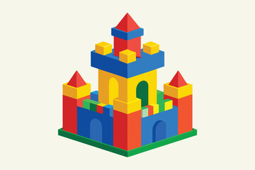 Isometric Toy Castle Made of Colorful Building Blocks with Arches and Pyramid Roofs