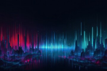 Digital landscape illustration features vibrant vertical lines over a reflective surface