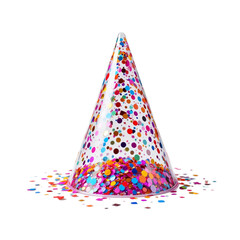 Colorful party hat filled with confetti on a white background