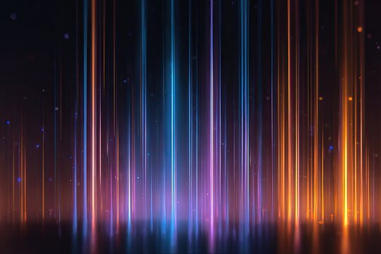 Vertical, multicolored light beams against a dark background with scattered particles