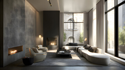 A stylish modern living room with minimalist design and soft natural light. 