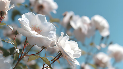Close-up of delicate white roses against a clear blue sky, bathed in natural sunlight with soft focus.