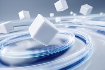 Abstract depiction featuring white floating cubes against a backdrop of swirling, glowing light trails