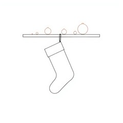 Minimal line art christmas stocking hanging from mantel with simple ornaments