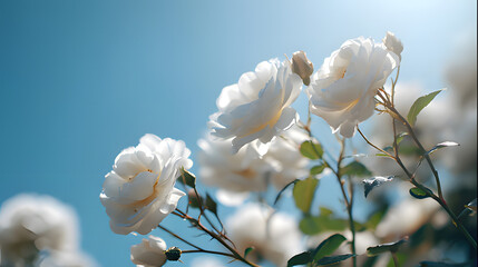 Close-up of delicate white roses against a clear blue sky, bathed in natural sunlight with soft focus.