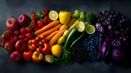Colorful fresh fruits and vegetables arranged artistically on a dark surface.