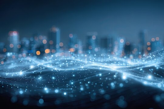 A blurred, night cityscape with shimmering, interconnected data streams forming a wave pattern