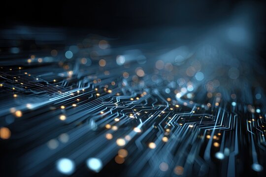 Close-up of an illuminated circuit board with blurred lights on a dark background - Powered by Adobe