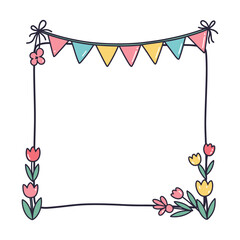 Obraz premium A decorative frame featuring colorful bunting, flowers, and a blank central space for text.