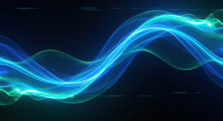 Abstract Visualization of Data Flow with Dynamic Blue and Green Waves Representing High-Speed Information Transfer and Connectivity in Modern Networks