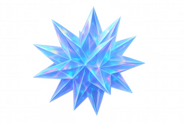 Blue spiky crystal star radiating light, abstract geometric shape, transparent iridescent object