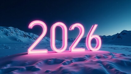 Neon pink 2026 glowing in snowy mountains at night, New Year celebration