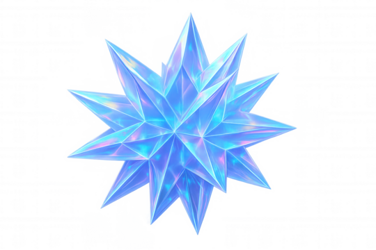Blue spiky crystal star radiating light, abstract geometric shape, transparent iridescent object