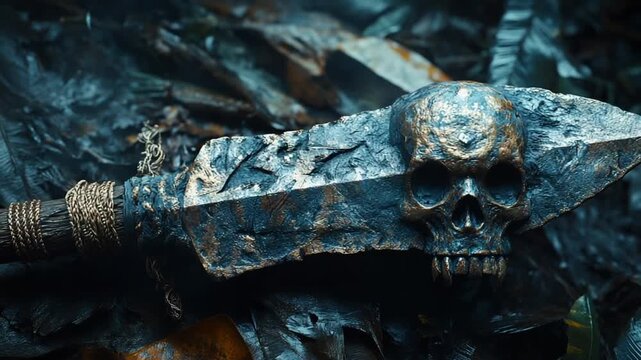 Detailed Close-Up of a Spiked Skull Spear.