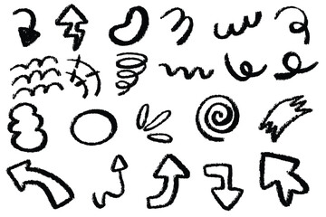 Hand-Drawn Arrow and Symbol Set with Abstract Directional Brush Strokes on White Background