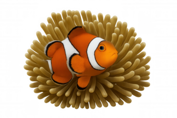 Clownfish swimming next to a sea anemone on a transparent background, marine life animation