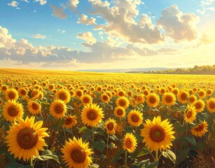 Fototapeta premium Generated image of a bright summer sunflower field