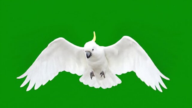 Beautiful White Sulfur-Crested Cockatoo Parrot Flying Slowly at Camera Seamless Loop on Green Screen for Chroma Key Compositing and Exotic Bird VFX

