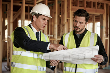two architects checking blueprints concept construction site dos arquitectos revisando planos conceptuales en una obra deux architectes v&eacute;rifiant les plans concept chantier de construction