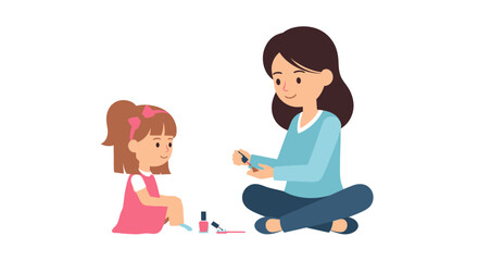 Mother applying nail polish to her daughters nails sitting on the floor.