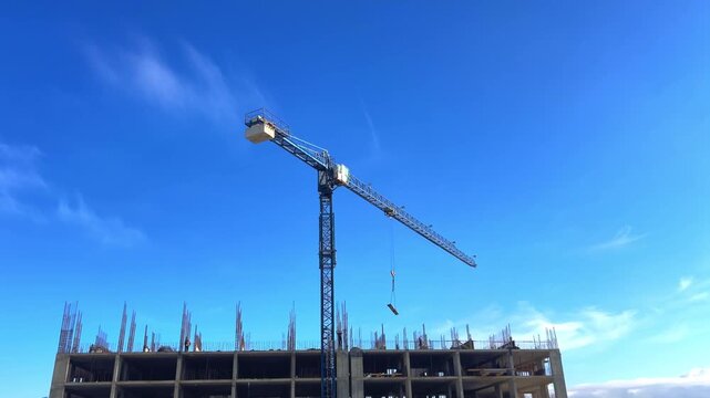 A blue crane rotates while moving a load on the construction site of a multi-storey building under construction against the blue sky. The concept of building construction, monolithic house, erection