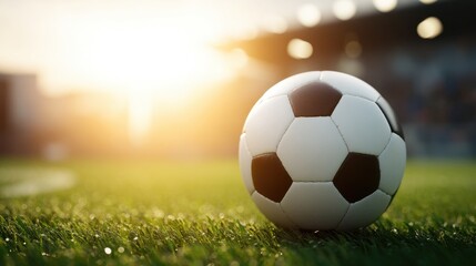Fototapeta premium Close-up of a Soccer Ball on Green Grass with Soft Sunset Light in the Background at a Stadium Ready for a Competitive Match