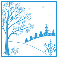 Winter landscape illustration with snowy trees, church, and snowflakes in minimal blue style. Peaceful seasonal holiday vector design. Perfect decorative winter artwork.