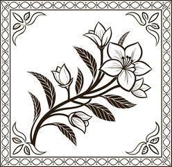 : Decorative floral ornament with blooming flowers and leaves, vintage botanical border frame illustration, elegant black and white traditional artwork for design and decoration.