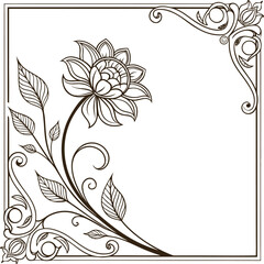 Vintage floral ornament with blooming flower and detailed leaves, decorative corner frame border design, elegant black and white botanical illustration for artwork and decoration.