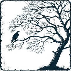 Dark silhouette of a raven perched on a bare tree branch in a vintage grunge frame, mystery, solitude, and  nature in moody artistic illustration.