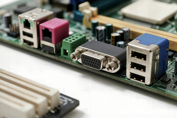 closeup computer motherboard colorful ports concept primer plano de la placa base de un ordenador con puertos de colores gros plan sur une carte mère d'ordinateur avec des ports colorés