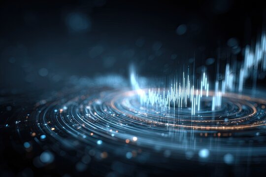 Abstract illustration of glowing concentric circles emitting data pulses in a dark futuristic setting