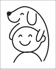 Simple, minimalist line art illustration of a happy dog resting its head on a smiling person's head.