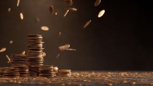 Stacks of Shiny Coins Falling in a Dark Setting, Representing Wealth, Prosperity, Finance, and Economic Growth in an Elegant and Captivating Composition
