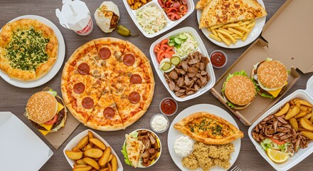 Assorted takeout and delivery foods on table – pizza, pied, hamburgers, doner, fried chicken, and sides. Top-down view