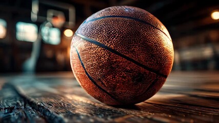 Basketball resting on wooden floor in an indoor gym during evening practice session