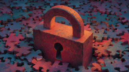 Digital illustration of red puzzle lock surrounded by scattered puzzle pieces, illuminated by warm glow. design symbolizes security, problem solving, and creativity