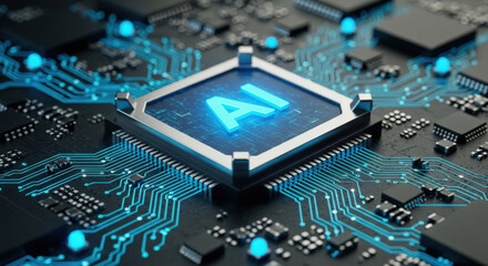 Fototapeta premium Advanced AI Chip Technology with Glowing Circuitry and Futuristic Design for Artificial Intelligence and Machine Learning Applications on Dark Surface