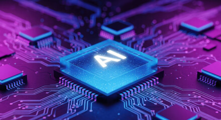 Advanced AI Microchip on a Circuit Board with Glowing Lights, Representing the Future of Artificial Intelligence and High-Tech Computing Power