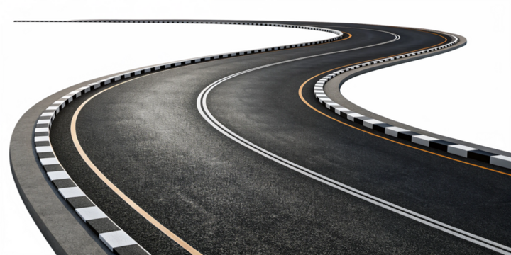 Curving Asphalt Road with Sharp Turns and Road Markings on Transparent Background
Winding Highway with Barriers and Painted Traffic Lines Isolated on White