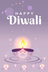 Happy Diwali Poster with Diya Lamp and Peacock Vector Illustration. Indian festival of lights Design. Suitable for Greeting Card, Banner, Flyer, Template. 