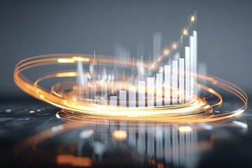 Futuristic 3D rendering of a growing financial graph with light trails, rising bars, & glowing elements