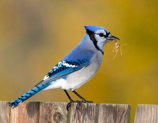 Blue Jay Perched on Fence Post with Food.