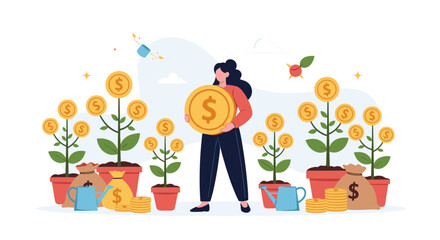 Naklejka premium A woman is nurturing a money tree with coins growing from it symbolizing investment growth.